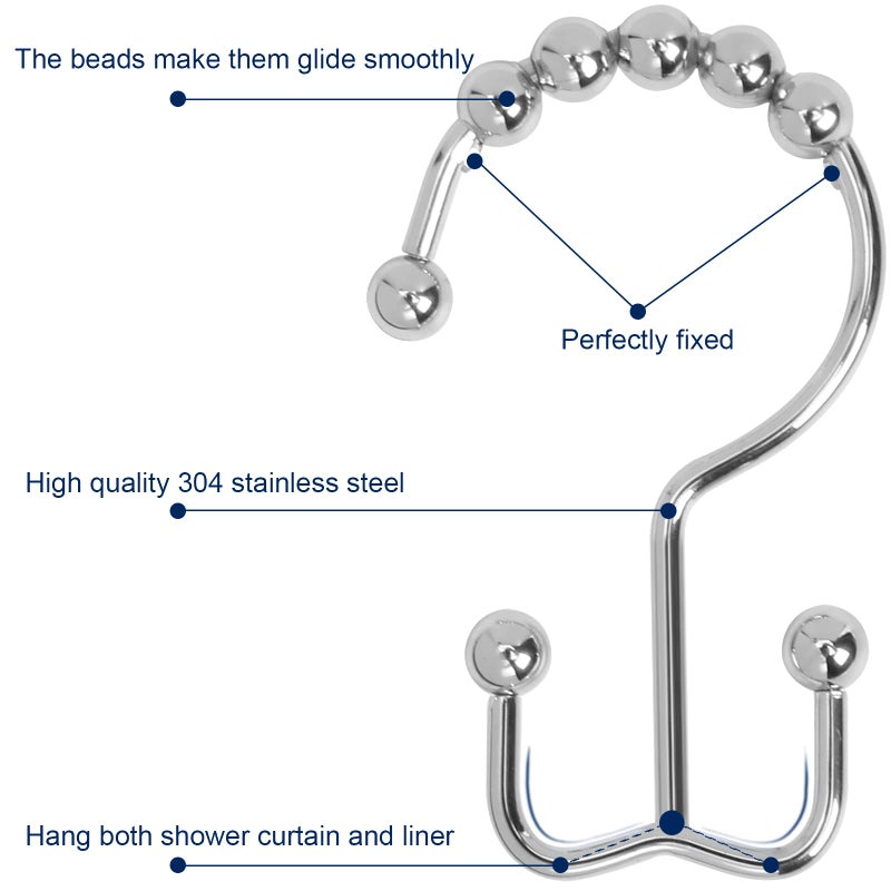 Gidse Shower Curtain Hooks Sturdy Stainless Steel Double Sided Shower Hooks Rings for Bathroom Shower Curtain Rods Curtains Set of 12 Hooks - Chrome - Image 3